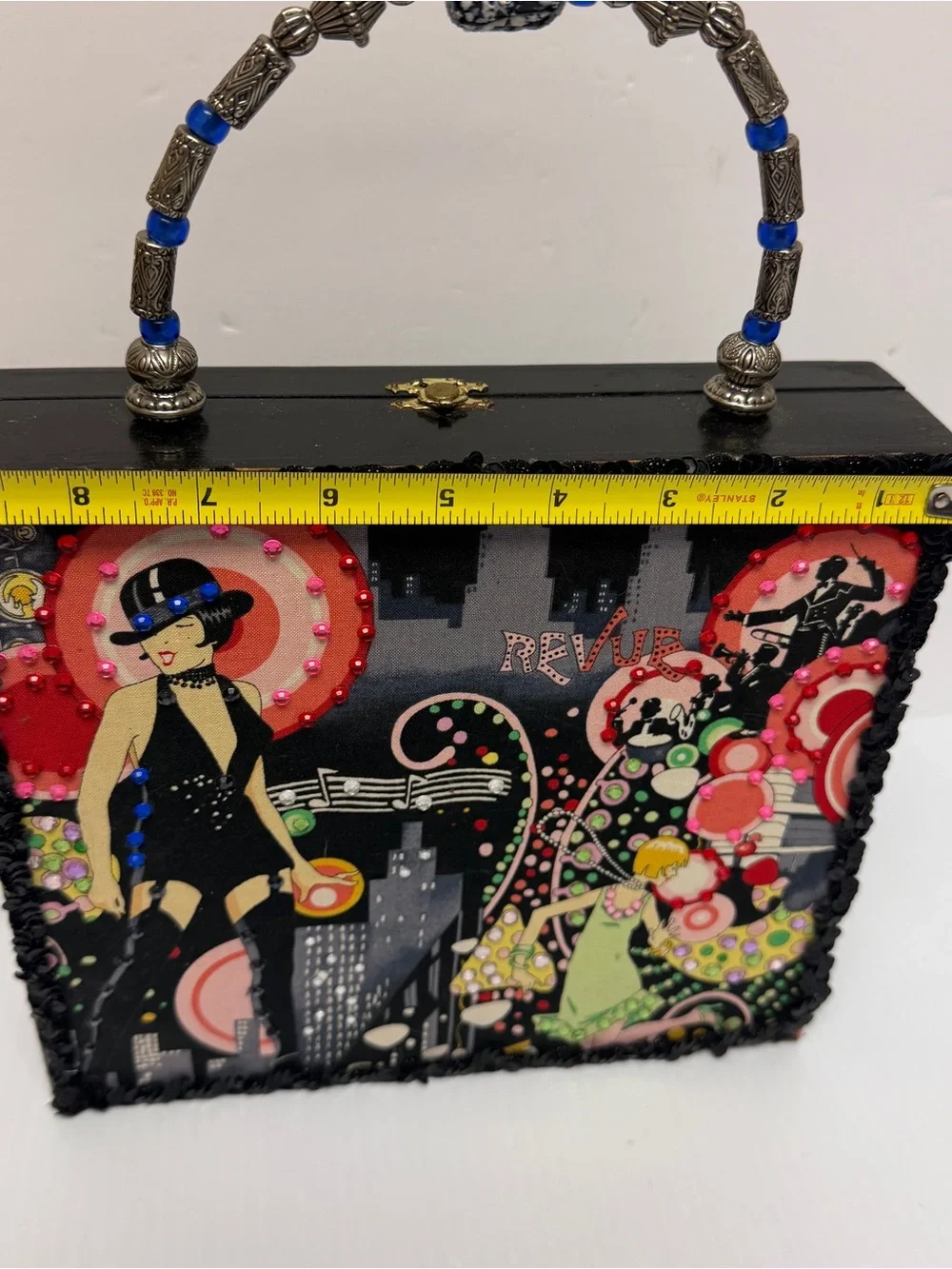 Vintage-Inspired Black cigar box Graphic Beaded Handle Box Bag